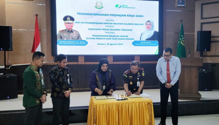 BP Jamsostek Sulawesi Maluku Teken Perjanjian Kerjasama dengan Kejati Sultra