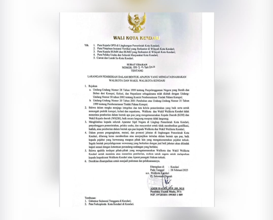 Surat Edaran Wali Kota Kendari (Dok. Ist)