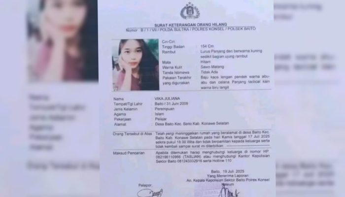Seorang Remaja Wanita di Baito Konawe Selatan Dilaporkan Hilang, Keluarga Minta Bantuan Masyarakat