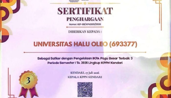 UHO Raih Peringkat Tiga Nasional Pengelolaan Anggaran Kategori Pagu Besar dari KPPN