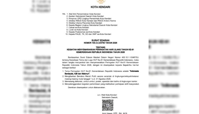 Pemkot Kendari Terbitkan Surat Edaran, Ajak Seluruh Instansi Semarakkan HUT ke-81 Kemerdekaan RI