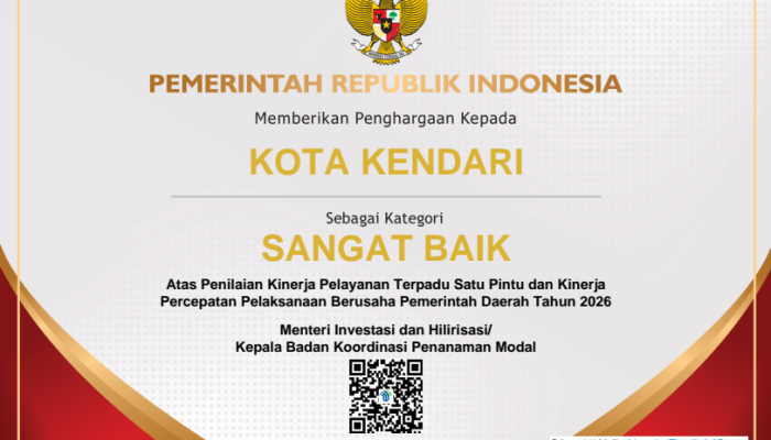 Kota Kendari Raih Penghargaan Sangat Baik dalam Pelaksanaan PTSP Dari Badan Koordinasi Penanaman Modal