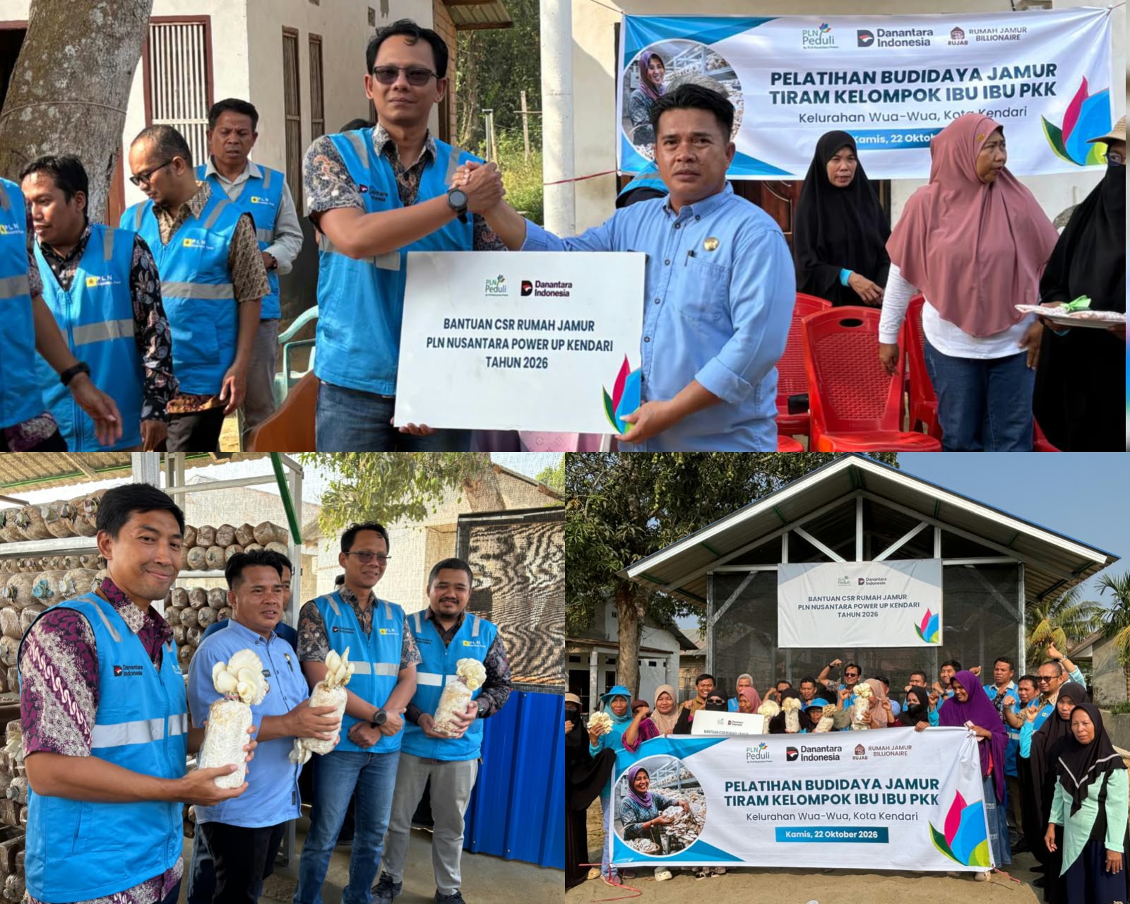 Suasana penyerahan bantuan TJSL PLN Nusantara Power Kendari dan peresmian Rumah Budidaya Jamur Tiram Ibu-ibu PKK Kelurahan Wua-wua. (Foto: Hasrul/KR)